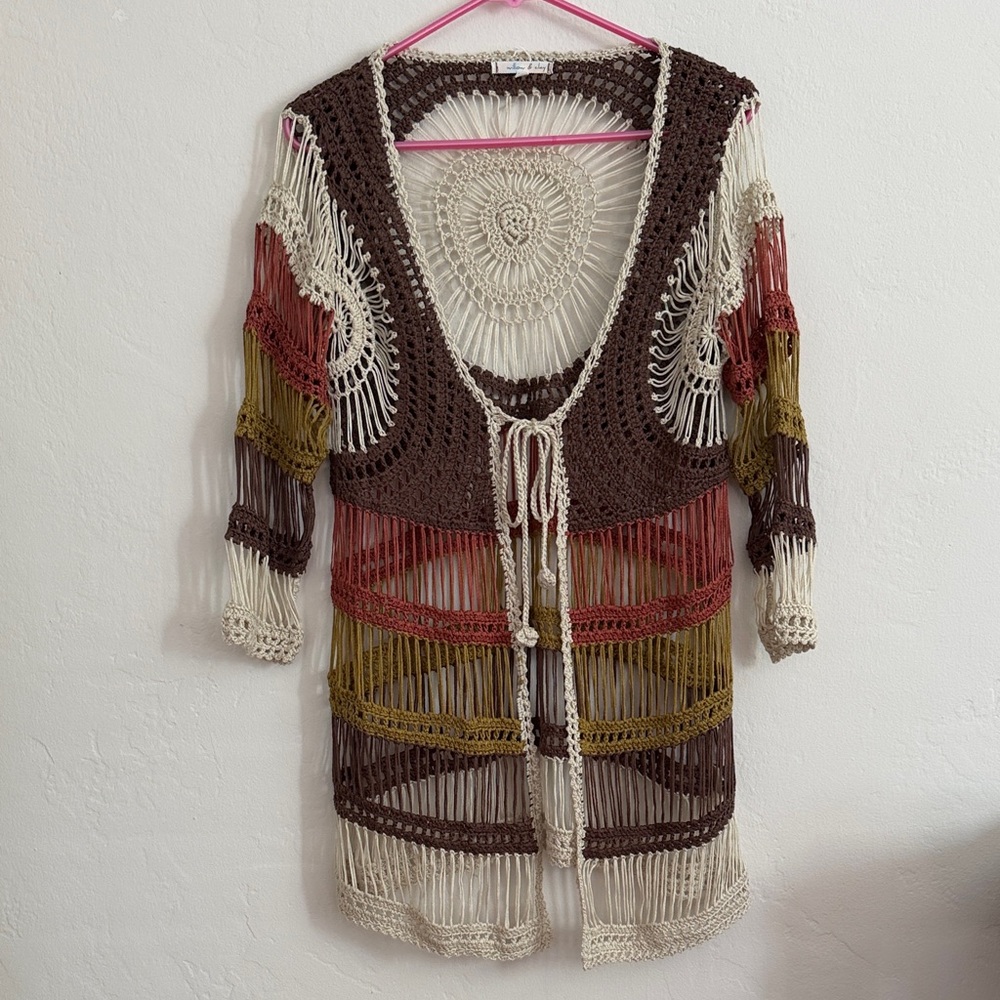 Willow & Clay Boho Crochet Fringe Top Shall Cover Small Coachella